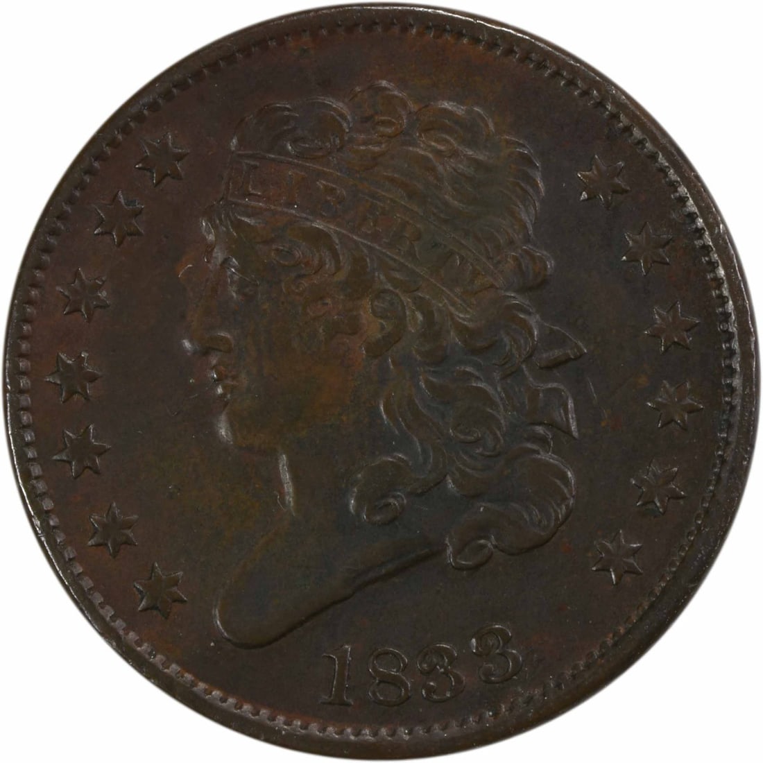 1833 Half Cent Classic Head AU Copper Coin John Reich: 1833 Half Cent Classic Head AU Copper Coin John Reich This 1833 Half Cent, featuring the Classic Head design by John Reich, is an attractive addition for any collector. The coin is in AU (About Uncirc