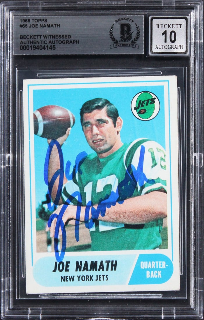 Joe Namath Signed 1968 Topps 65 Card Auto 10 Beckett Authenticated Slabbed: Joe Namath Signed 1968 Topps 65 Card Auto 10 Beckett Authenticated Slabbed This is an original 1968 Topps #65 football card featuring Joe Namath of the New York Jets. The card has been personally sign