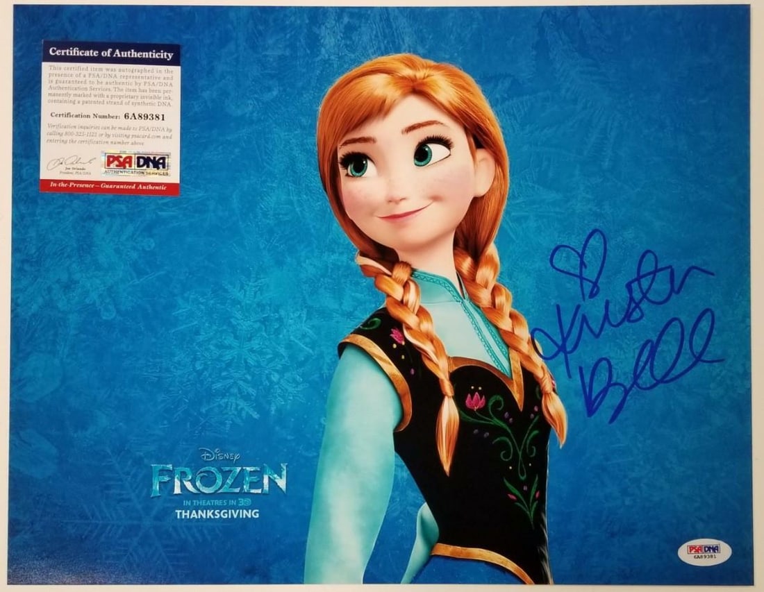 Kristen Bell Autographed Frozen Anna 11x14 Photo with PSA Authentication: Kristen Bell Autographed Frozen Anna 11x14 Photo with PSA Authentication This original 11x14 photograph features Anna from Disney's Frozen and is signed by Kristen Bell. The autograph comes with authe