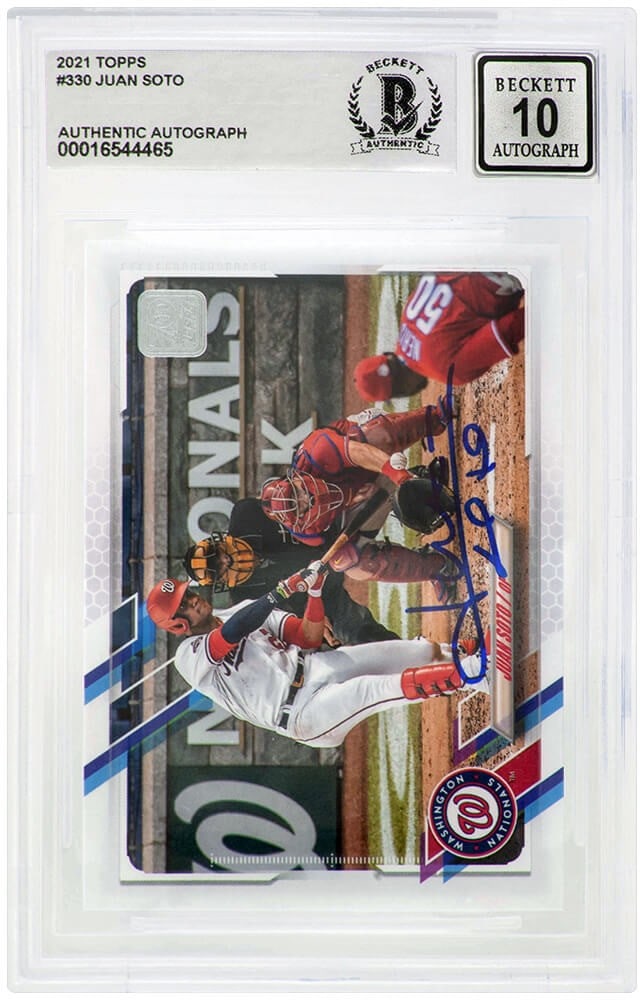 Juan Soto Signed 2021 Topps Baseball Card #330 Beckett Auto 10: Juan Soto Signed 2021 Topps Baseball Card #330 Beckett Auto 10 This is a Juan Soto signed Washington Nationals 2021 Topps baseball trading card #330. The card features a Mint 10 autograph grade from B