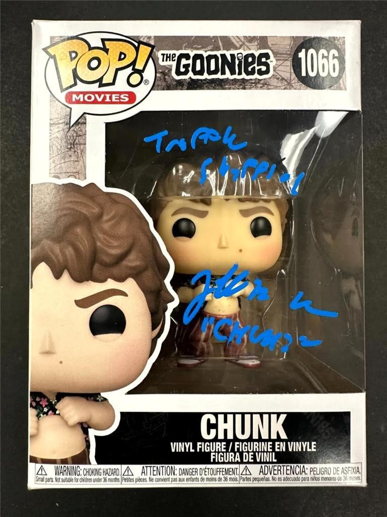 Funko Pop signed by Jeff Cohen as Chunk from The Goonies Beckett Authenticated: Funko Pop signed by Jeff Cohen as Chunk from The Goonies Beckett Authenticated This Funko Pop! figure of Chunk from The Goonies, featuring the iconic "Truffle Shuffle," is signed by Jeff Cohen. The au