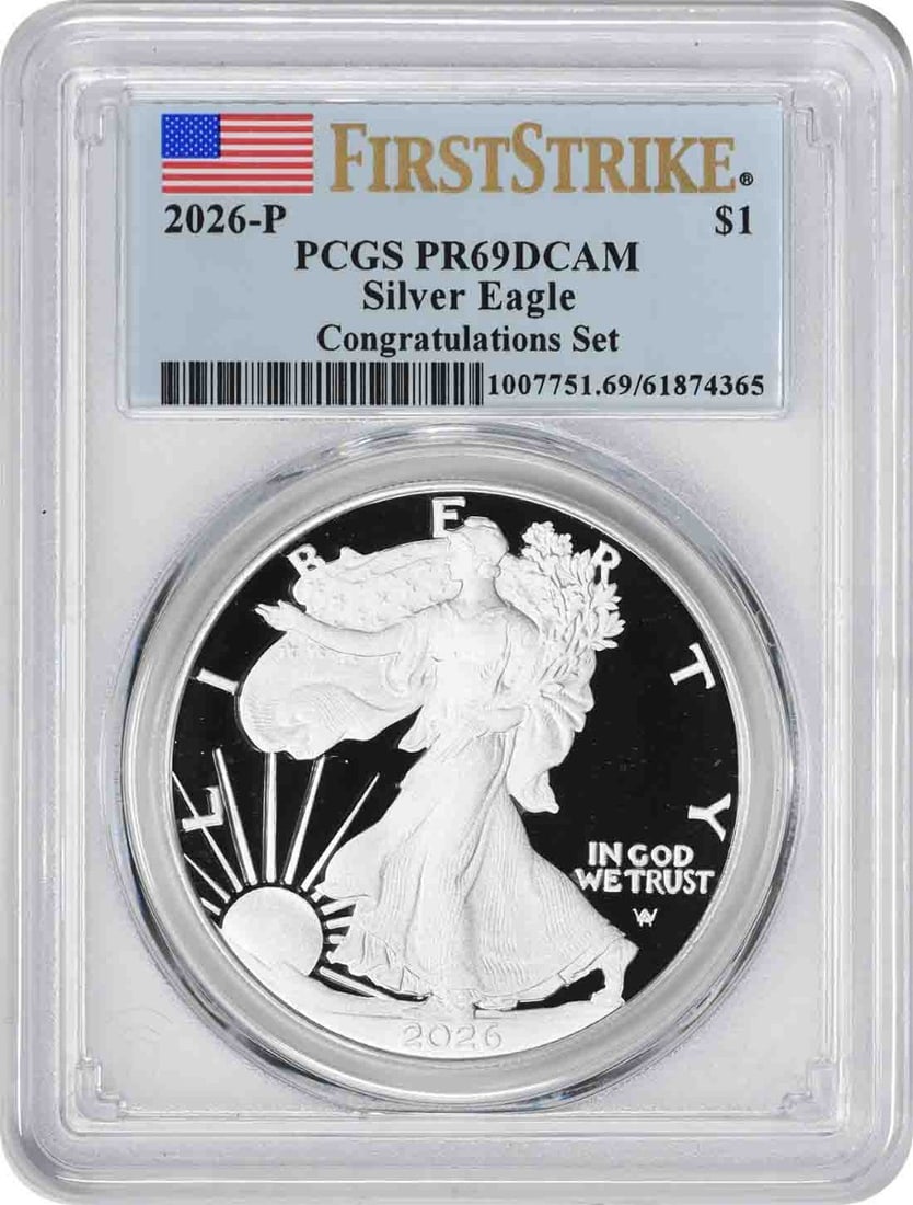 2026 PR69DCAM American Silver Eagle Proof Dollar PCGS First Strike: 2026 PR69DCAM American Silver Eagle Proof Dollar PCGS First Strike This 2026-P $1 American Silver Eagle from the Congratulations Set is a proof coin graded PR69DCAM by PCGS. It contains 1 oz of .999 f