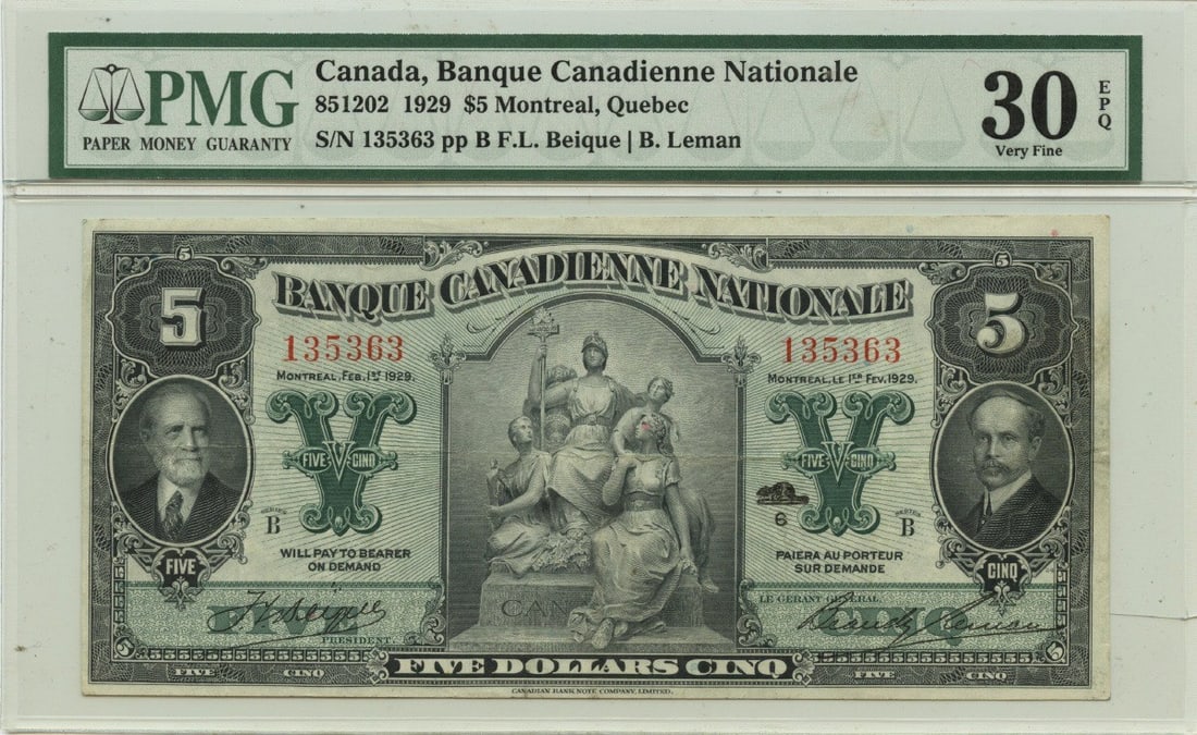 1929 $5 Canada Banque Canadienne Nationale PMG VF30: 1929 $5 Canada Banque Canadienne Nationale PMG VF30 This 1929 $5 note from the Banque Canadienne Nationale in Montreal, Quebec, is a notable piece for collectors. Certified by PMG, this banknote is gr