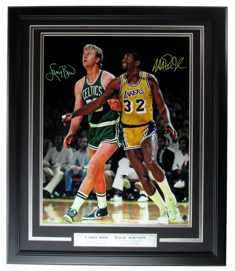 Framed 16x20 Photo Signed by Larry Bird and Magic Johnson JSA Beckett Authenticated: Framed 16x20 Photo Signed by Larry Bird and Magic Johnson JSA Beckett Authenticated This framed 16x20 photograph features the dual signatures of basketball legends Larry Bird and Magic Johnson. Authen