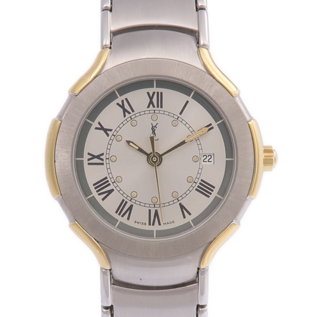 Saint Laurent Stainless Steel Quartz Silver Wristwatch: Saint Laurent Stainless Steel Quartz Silver Wristwatch This Yves Saint Laurent quartz wristwatch features a stainless steel case and band in a silver tone. The watch has a silver dial and frame, offer