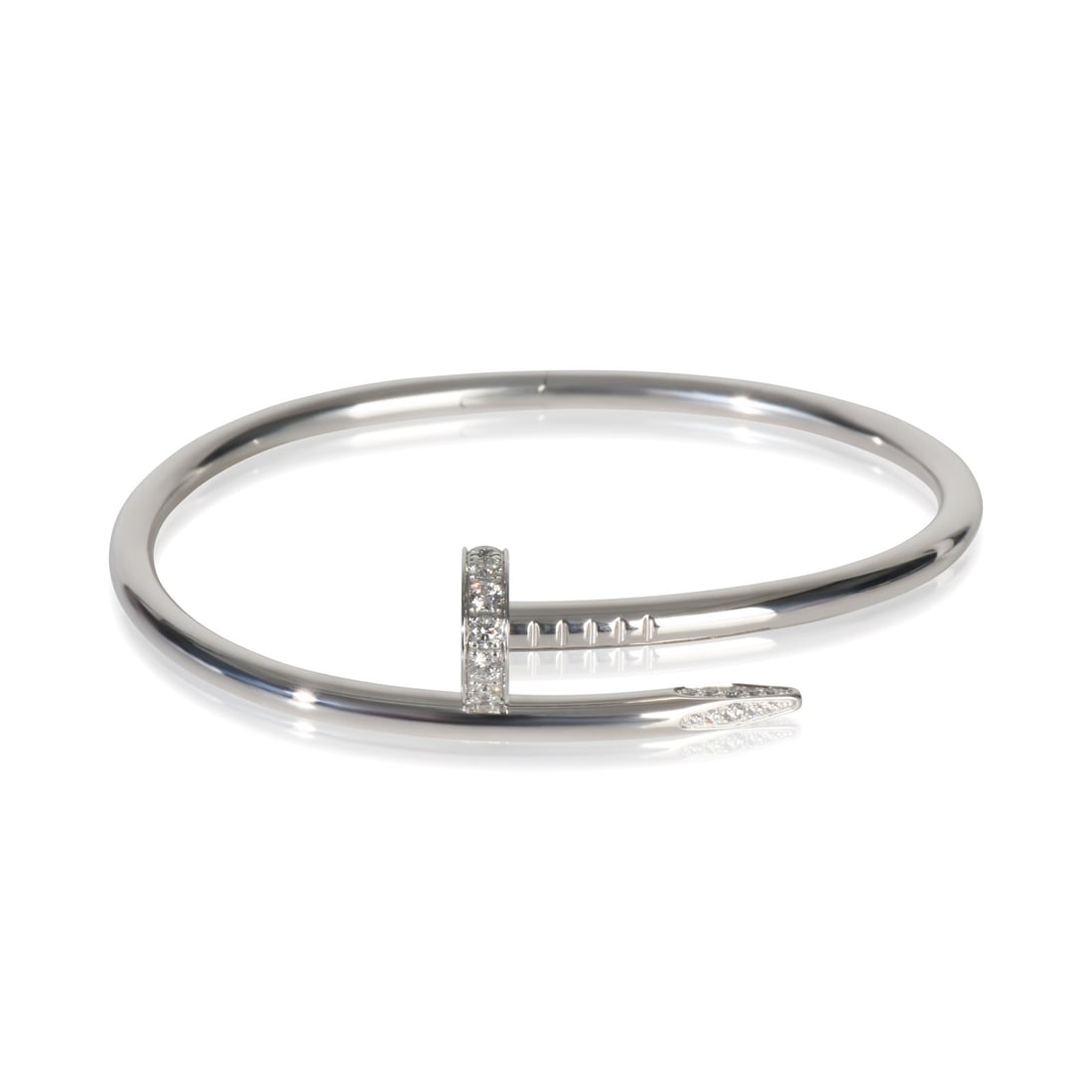 Juste Un Clou 18k White Gold Diamond Bracelet by Cartier with Box and Papers: Juste Un Clou 18k White Gold Diamond Bracelet by Cartier with Box and Papers This pre-owned Cartier Juste Un Clou bracelet is crafted from 18k white gold and features round brilliant diamonds with a t