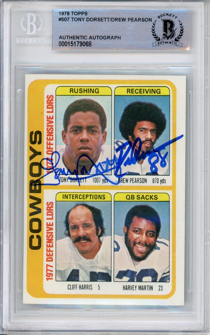 1978 Topps Cowboys Team Checklist #507 Dual Signed Dorsett Pearson BGS Authenticated: 1978 Topps Cowboys Team Checklist #507 Dual Signed Dorsett Pearson BGS Authenticated This 1978 Topps Team Checklist #507 features the rookie cards of Tony Dorsett and Drew Pearson, both legends of the