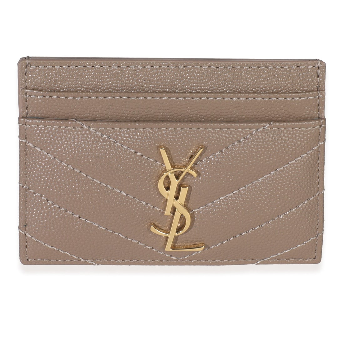 Cassandre Card Holder in Grain De Poudre Leather by Saint Laurent: Cassandre Card Holder in Grain De Poudre Leather by Saint Laurent This Saint Laurent Cassandre card case features a dark taupe grain de poudre leather exterior with a matelasse design. It is designed 