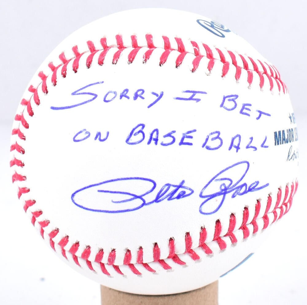 Pete Rose signed Rawlings OML baseball Beckett hologram Sorry I Bet: Pete Rose signed Rawlings OML baseball Beckett hologram Sorry I Bet This Rawlings Official Major League Baseball is autographed by Pete Rose and features the inscription "Sorry I Bet." The signature i