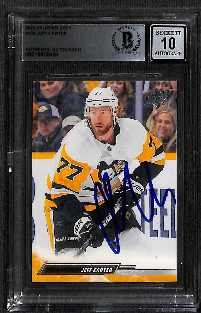 Jeff Carter 2022-23 Upper Deck #130 Signed Card Auto Grade 10 Beckett: Jeff Carter 2022-23 Upper Deck #130 Signed Card Auto Grade 10 Beckett This is an autographed sports trading card featuring Jeff Carter from the 2022-23 Upper Deck set. The card is signed in blue perma