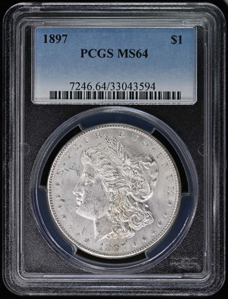 1897 Morgan Dollar PCGS MS64 Uncirculated Philadelphia Mint: 1897 Morgan Dollar PCGS MS64 Uncirculated Philadelphia Mint This 1897 Morgan Dollar is a stunning addition for any coin collector. Graded MS64 by PCGS, this uncirculated coin showcases exceptional qua