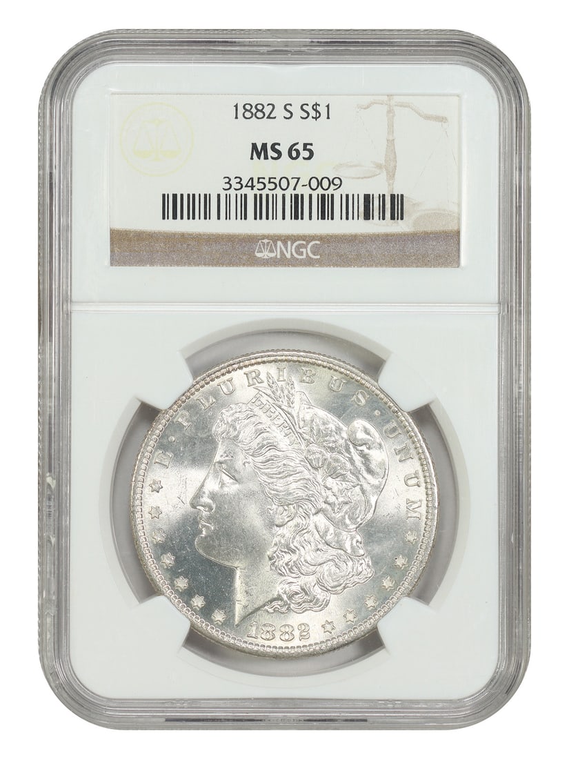 NGC MS65 Morgan Silver Dollar 1882 San Francisco Mint: NGC MS65 Morgan Silver Dollar 1882 San Francisco Mint This 1882-S Morgan Dollar is certified by NGC with a grade of MS65, indicating it is in superb uncirculated condition. Minted in San Francisco, th