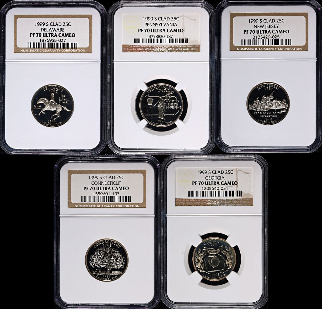 NGC PF70 UCAM 1999-S State Quarters Proof Set of 5: NGC PF70 UCAM 1999-S State Quarters Proof Set of 5 This 1999-S Statehood Quarter 5-piece Proof Set features quarters minted at the San Francisco Mint, each graded NGC PF70 Ultra Cameo. The set is comp