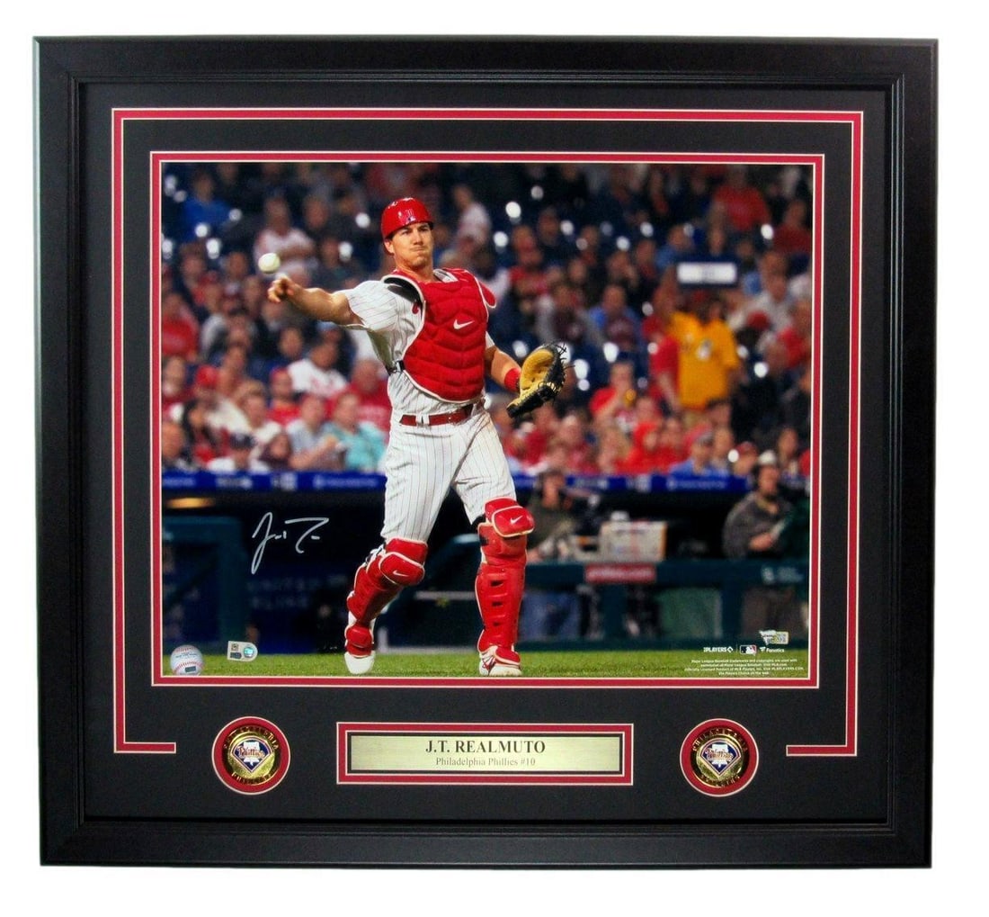 Framed Phillies 11x14 Photo Signed by J.T. Realmuto Fanatics Authenticated: Framed Phillies 11x14 Photo Signed by J.T. Realmuto Fanatics Authenticated This J.T. Realmuto autographed 11x14 photo showcases the Philadelphia Phillies star in a stunning framed display. The photo i