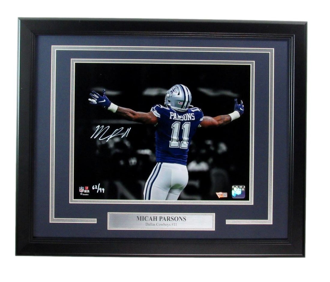 Micah Parsons Autographed 11x14 Framed Photo Dallas Cowboys Fanatics Authenticated: Micah Parsons Autographed 11x14 Framed Photo Dallas Cowboys Fanatics Authenticated Capture a moment of football greatness with this Micah Parsons Signed 11x14 Photo featuring the Dallas Cowboys. This 