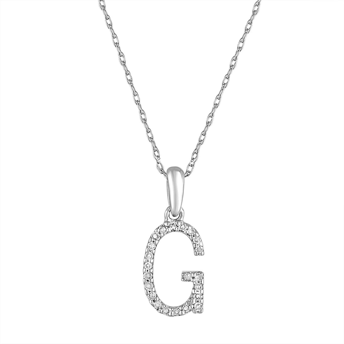 G Initial Diamond Pendant Necklace in 14K White Gold by Sabrina Designs Co: G Initial Diamond Pendant Necklace in 14K White Gold by Sabrina Designs Co This pre-owned unisex necklace features a 'G' initial pendant crafted from 14k white gold and set with 0.06 carats of diamond