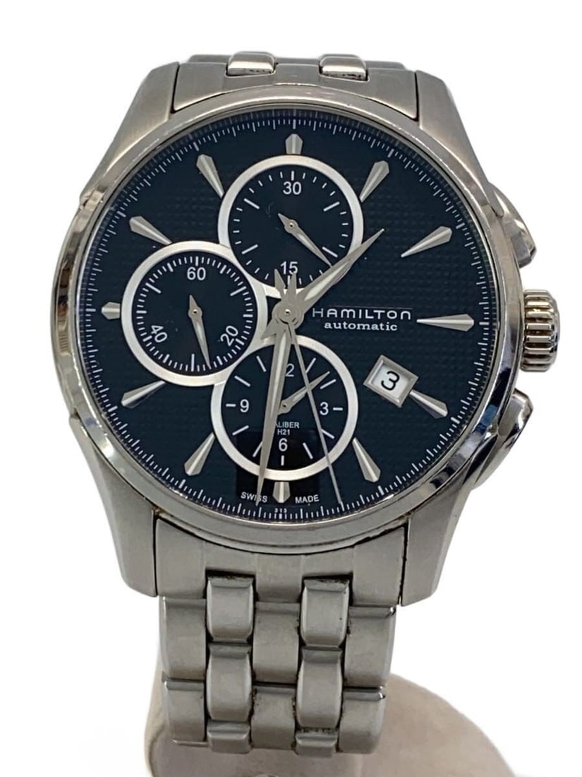 Hamilton Jazzmaster Auto Chrono Black Men's Wristwatch: Hamilton Jazzmaster Auto Chrono Black Men's Wristwatch This is a pre-owned Hamilton Jazzmaster H325961 men's wristwatch featuring a black dial. The watch is Swiss-made and designed for men, with an au