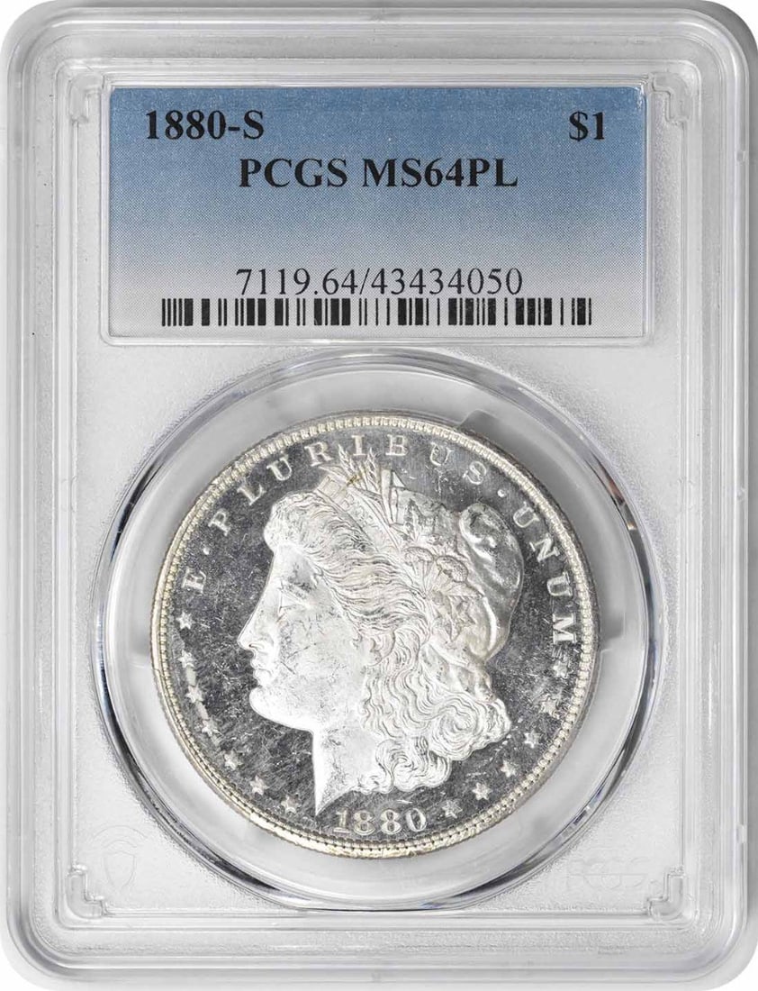1880-S Morgan Silver Dollar MS64PL PCGS San Francisco Coin: 1880-S Morgan Silver Dollar MS64PL PCGS San Francisco Coin This 1880-S Morgan Silver Dollar is a stunning collectible coin, graded MS64PL by PCGS, indicating its premium quality and clarity. Minted in