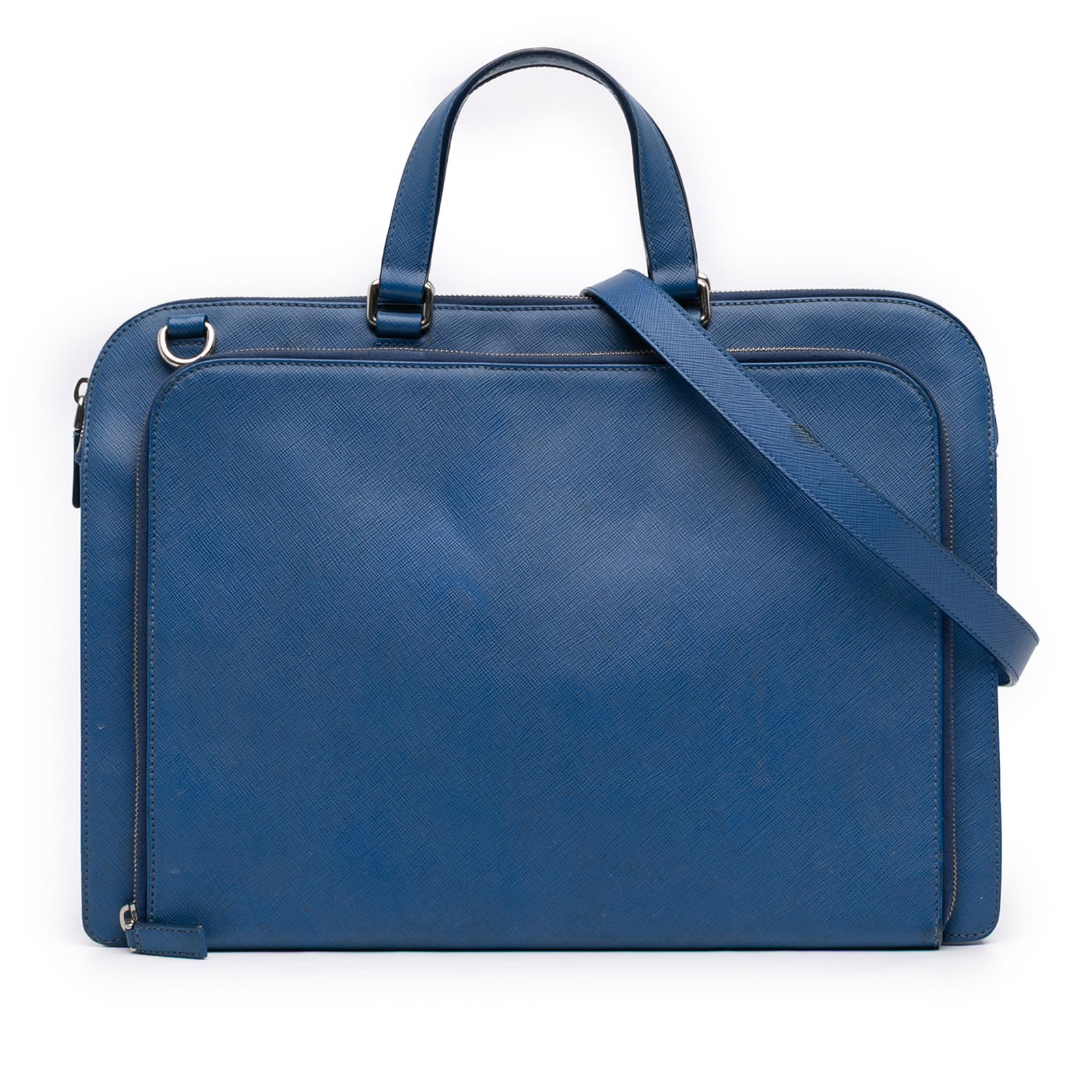 Blue Leather Briefcase with Front Zip Pocket by Prada Saffiano Cuir (1 of 6)