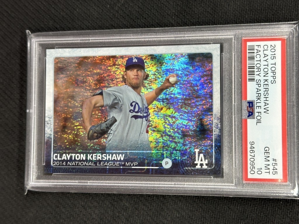 Clayton Kershaw 2015 Topps PSA 10 Sparkle Foil #545 Dodgers Card: Clayton Kershaw 2015 Topps PSA 10 Sparkle Foil #545 Dodgers Card Celebrate the prowess of Clayton Kershaw with this 2015 Topps Factory Sparkle Foil baseball card. Graded a perfect PSA 10, this collect