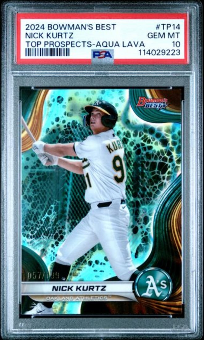 PSA 10 Nick Kurtz 2024 Bowmans Best Aqua Lava RC Baseball Card #TP14 /199: PSA 10 Nick Kurtz 2024 Bowmans Best Aqua Lava RC Baseball Card #TP14 /199 This is a graded 2024 Bowman's Best Nick Kurtz #TP14 Aqua Lava /199 rookie baseball card featuring Nick Kurtz of the Oakland A