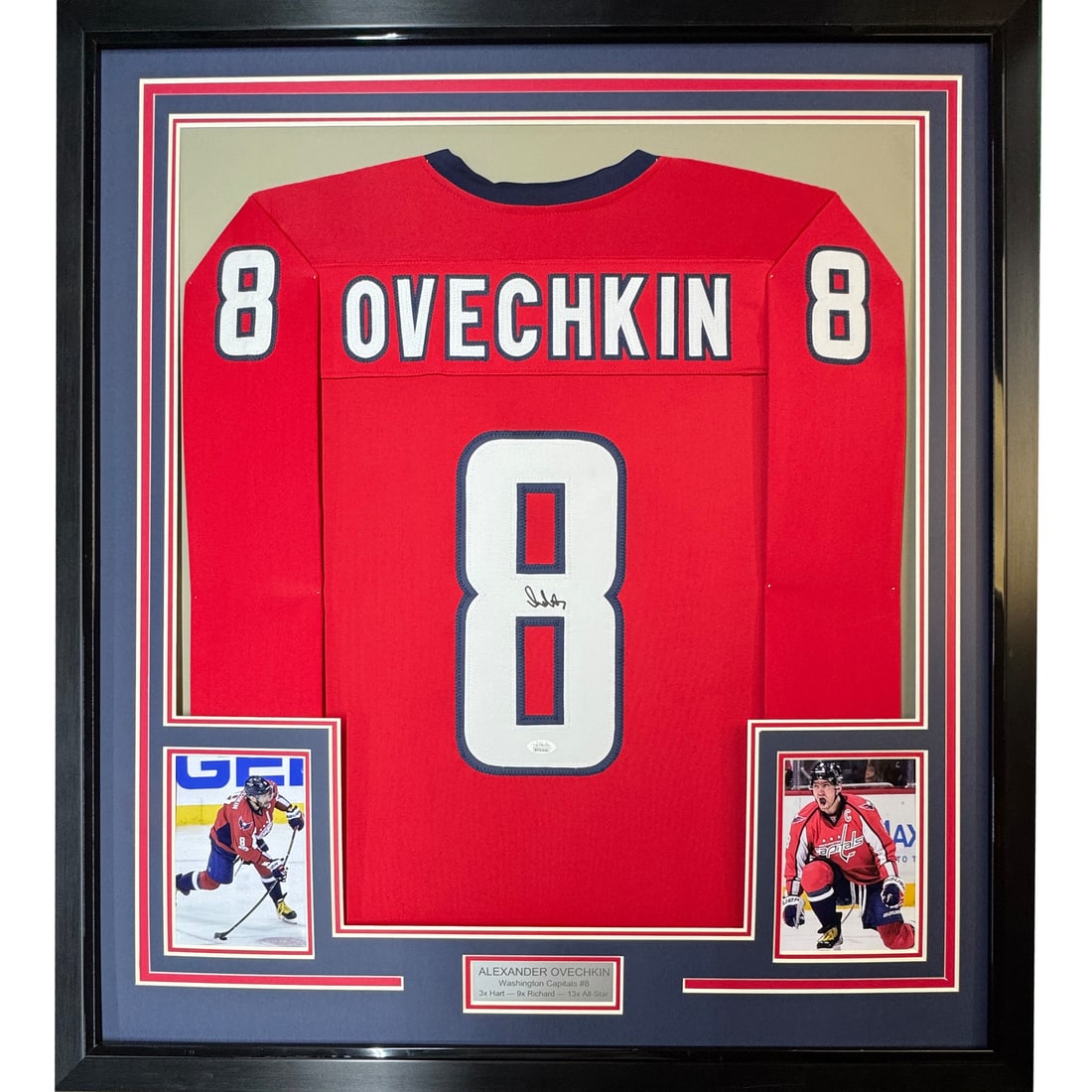 Framed Signed Alexander Ovechkin Jersey with JSA COA 33x42: Framed Signed Alexander Ovechkin Jersey with JSA COA 33x42 Showcase your admiration for hockey legend Alexander Ovechkin with this professionally framed and matted autographed Washington Capitals jers