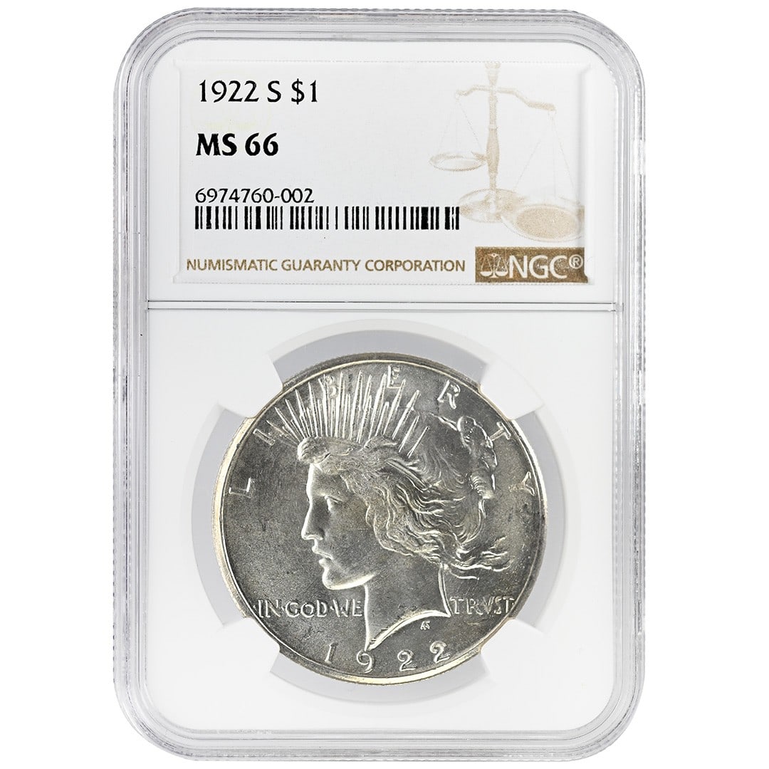 NGC MS66 1922-S Peace Dollar Silver $1 Type 2 Low Relief: NGC MS66 1922-S Peace Dollar Silver $1 Type 2 Low Relief This is a 1922-S Peace Dollar graded MS66 by NGC. The coin is uncirculated and features strong 360-degree lustre with a clean surface, free of