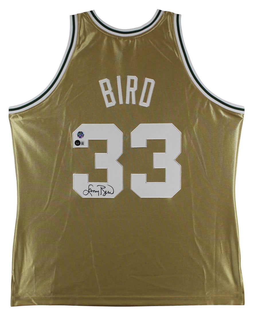 Larry Bird Signed Gold 75th Anniversary Celtics Jersey BAS Authenticated: Larry Bird Signed Gold 75th Anniversary Celtics Jersey BAS Authenticated Celebrate the legacy of Larry Bird with this authentic signed Gold 75th Anniversary Mitchell & Ness Hardwood Classics Swingman