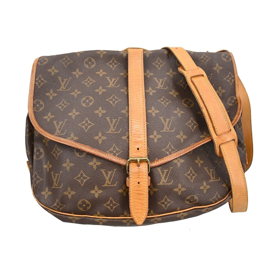 Monogram Canvas Saumur Shoulder Bag by Louis Vuitton Unisex: Monogram Canvas Saumur Shoulder Bag by Louis Vuitton Unisex The Louis Vuitton Saumur Handbag features the iconic monogram canvas design in brown. Designed for unisex use, this bag is crafted from dura