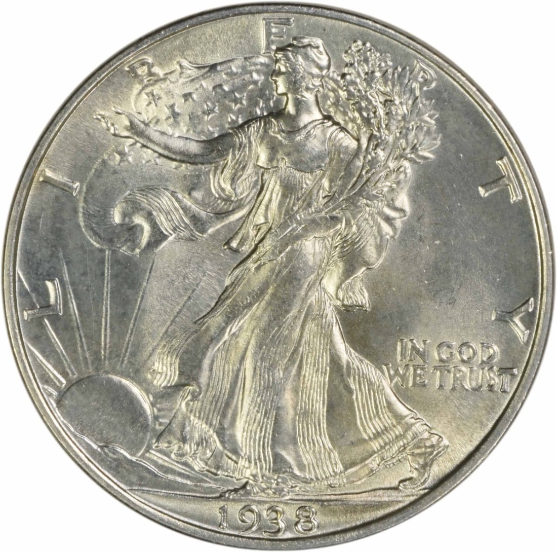 1938 Liberty Walking Half Dollar Silver Choice BU Uncirculated Uncertified Coin: 1938 Liberty Walking Half Dollar Silver Choice BU Uncirculated Uncertified Coin This is a 1938 Walking Liberty Silver Half Dollar featuring the iconic Liberty Walking design. The coin is in Choice Bri