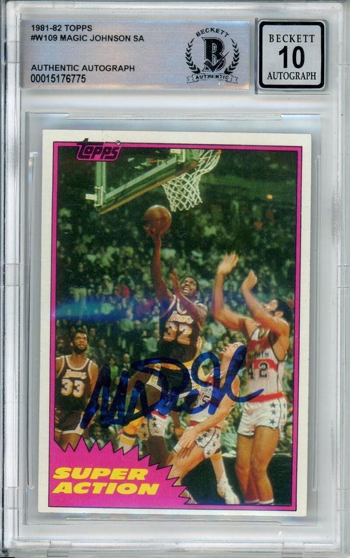 Magic Johnson 1981-82 Topps Super Action Rookie Card BGS Auto 10: Magic Johnson 1981-82 Topps Super Action Rookie Card BGS Auto 10 This is an original 1981-82 Topps Super Action #21 Magic Johnson rookie card, featuring Magic Johnson of the Los Angeles Lakers. The ca
