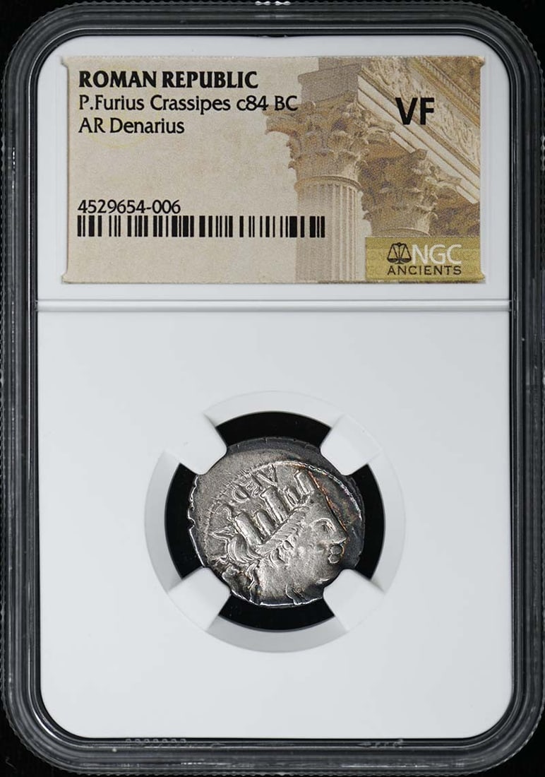 Roman Republic AR Denarius P Furius Crassipes c84 BC NGC VF: Roman Republic AR Denarius P Furius Crassipes c84 BC NGC VF This is a P. Furius Crassipes AR Denarius from the Roman Republic, dating to approximately 84 BC. The coin has been certified by NGC and ass