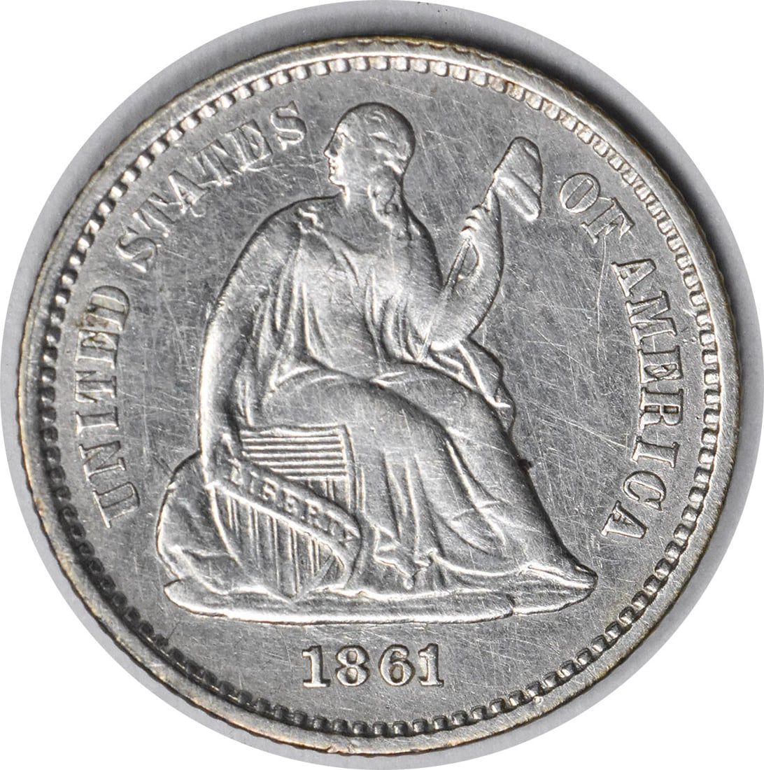 1861 Liberty Seated Half Dime AU Philadelphia 90% Silver Uncertified: 1861 Liberty Seated Half Dime AU Philadelphia 90% Silver Uncertified This 1861 Liberty Seated Half Dime is a remarkable piece of numismatic history. Featuring a design by renowned artists Robert Ball 