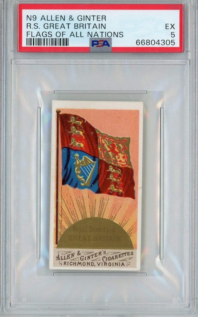 1887 Allen Ginter Great Britain Tobacco Card PSA 5 Authentic: 1887 Allen Ginter Great Britain Tobacco Card PSA 5 Authentic This 1887 Allen Ginter Flags of All Nations Great Britain Tobacco Card is a remarkable collectible for sports enthusiasts. Graded at PSA 5 