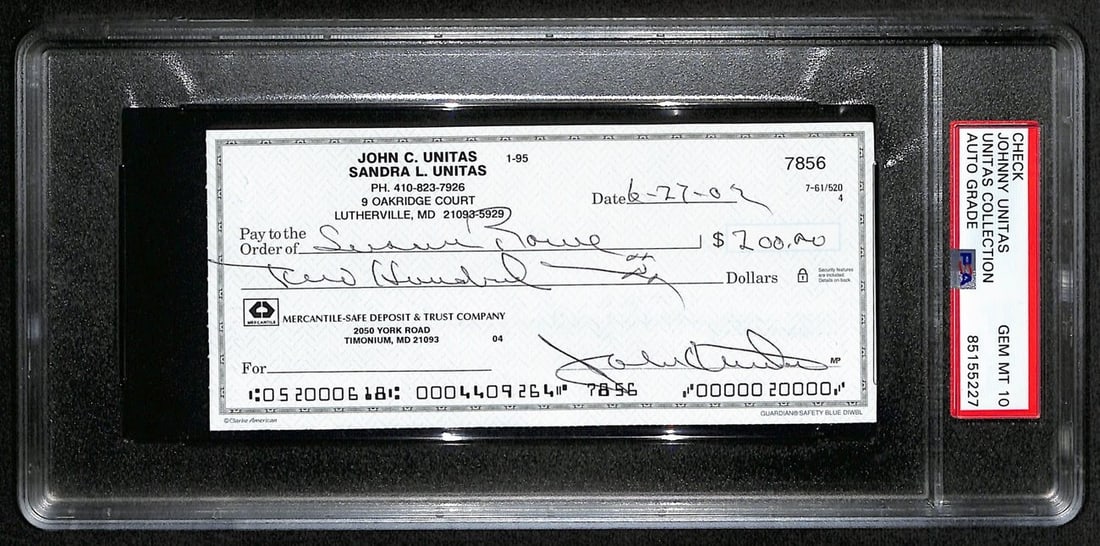 Johnny Unitas Signed Check PSA/DNA GEM MT 10 Baltimore Colts: Johnny Unitas Signed Check PSA/DNA GEM MT 10 Baltimore Colts This is an original Johnny Unitas signed bank check dated June 27, 2002. The check is authenticated by PSA/DNA and has received a prestigio