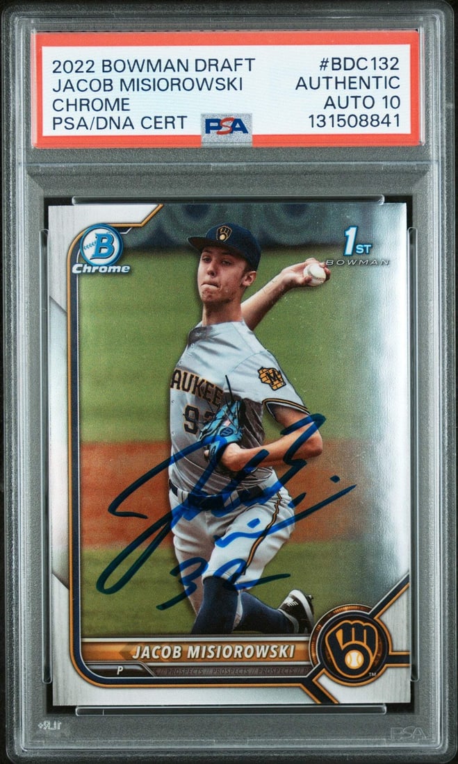 PSA 10 Jacob Misiorowski 2022 Bowman Draft Chrome Rookie Auto BDC132: PSA 10 Jacob Misiorowski 2022 Bowman Draft Chrome Rookie Auto BDC132 This is a 2022 Bowman Draft Chrome Rookie Card featuring Jacob Misiorowski of the Milwaukee Brewers. The card is an original issue,