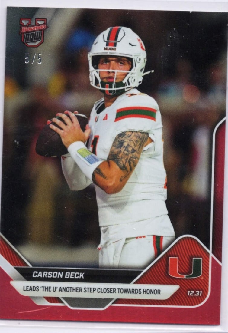 Carson Beck 2025 Red Foil Rookie Card Bowman U Now #63 /5 Miami Hurricanes (1 of 2)