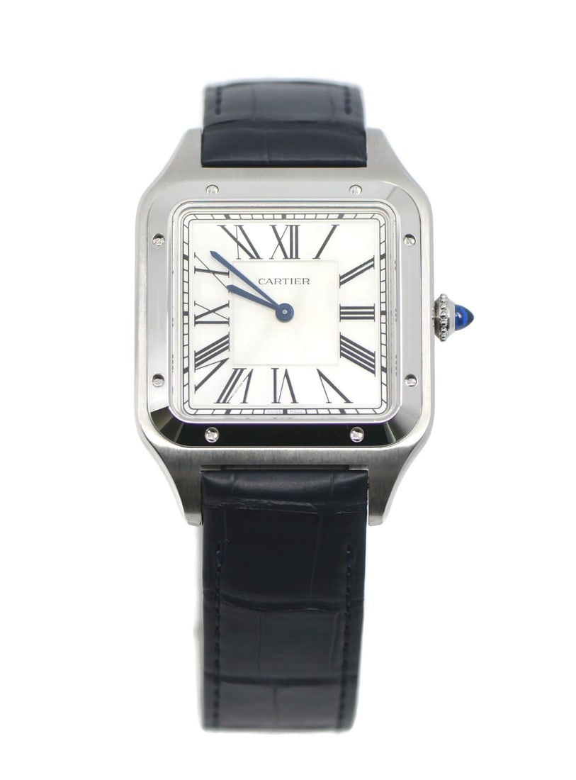 Cartier Santos Dumont XL blue leather strap manual wind watch WSSA0032: Cartier Santos Dumont XL blue leather strap manual wind watch WSSA0032 This Cartier Santos Dumont XL wristwatch features a stainless steel case with a brushed finish and a screwed silver bezel. The su