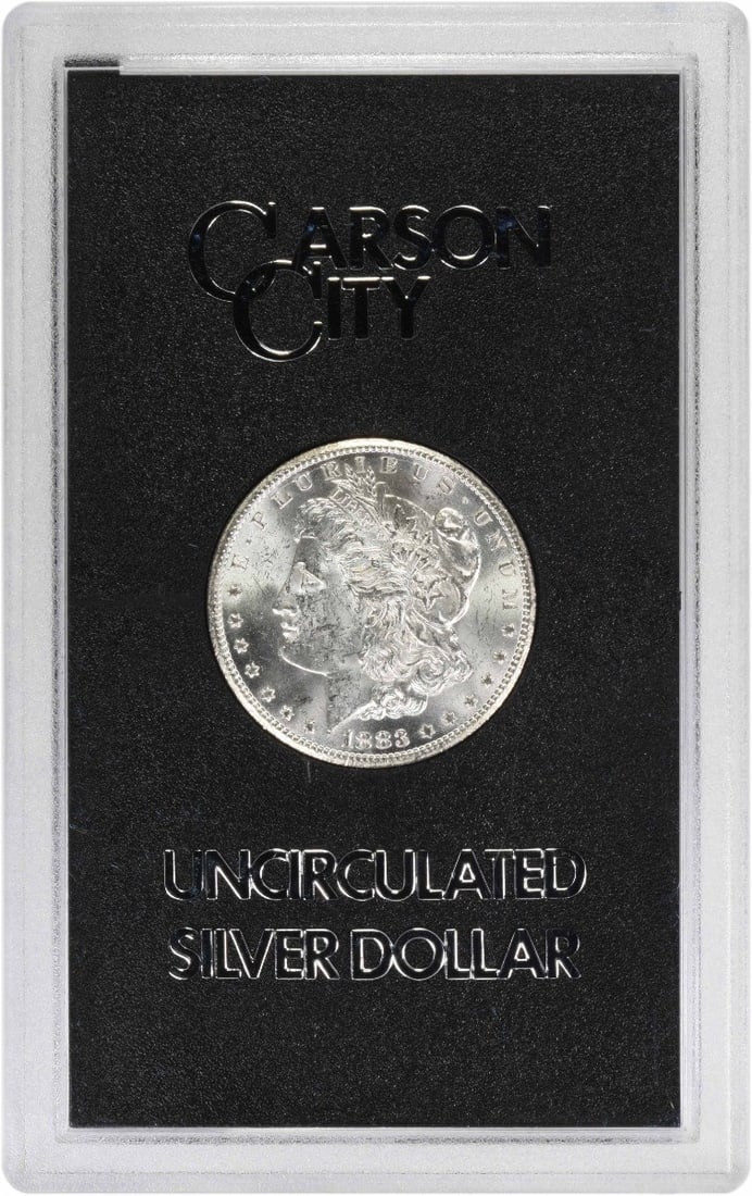GSA Hard Pack 1883 Carson City Morgan Dollar Uncirculated Silver Coin: GSA Hard Pack 1883 Carson City Morgan Dollar Uncirculated Silver Coin This 1883-CC Morgan Silver Dollar is an uncirculated coin housed in a GSA hard pack holder. Struck at the Carson City Mint, it fea