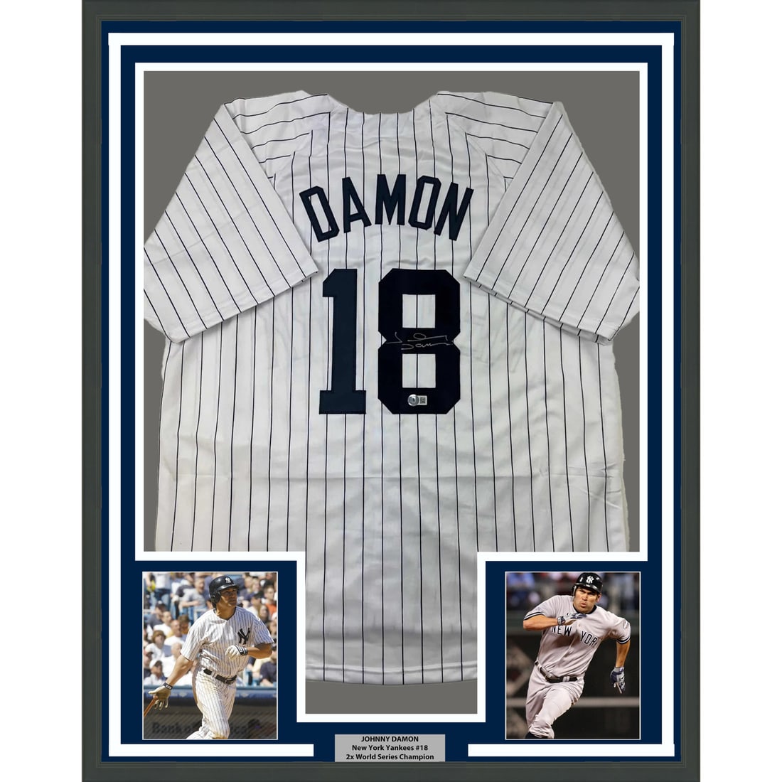 Framed Johnny Damon Autographed New York Yankees Jersey with BAS COA: Framed Johnny Damon Autographed New York Yankees Jersey with BAS COA Celebrate the legacy of Johnny Damon with this framed, autographed New York Yankees pinstripe jersey. Measuring 35x39 inches, this