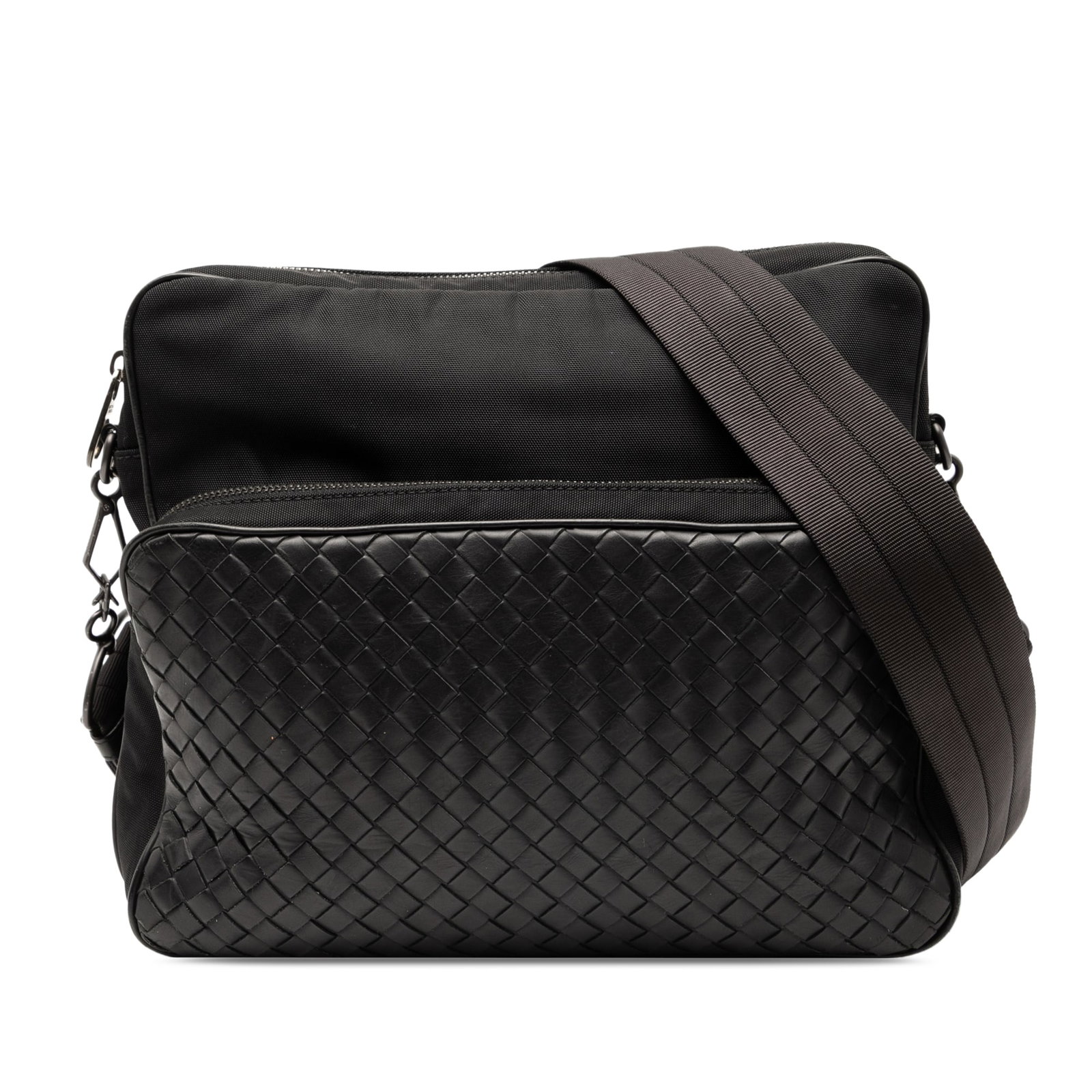 Bottega Veneta Canvas Messenger with Nappa Leather Intrecciato Trim: Bottega Veneta Canvas Messenger with Nappa Leather Intrecciato Trim This messenger bag features a combination of nappa leather and canvas with Bottega Veneta's signature intrecciato trim. It is