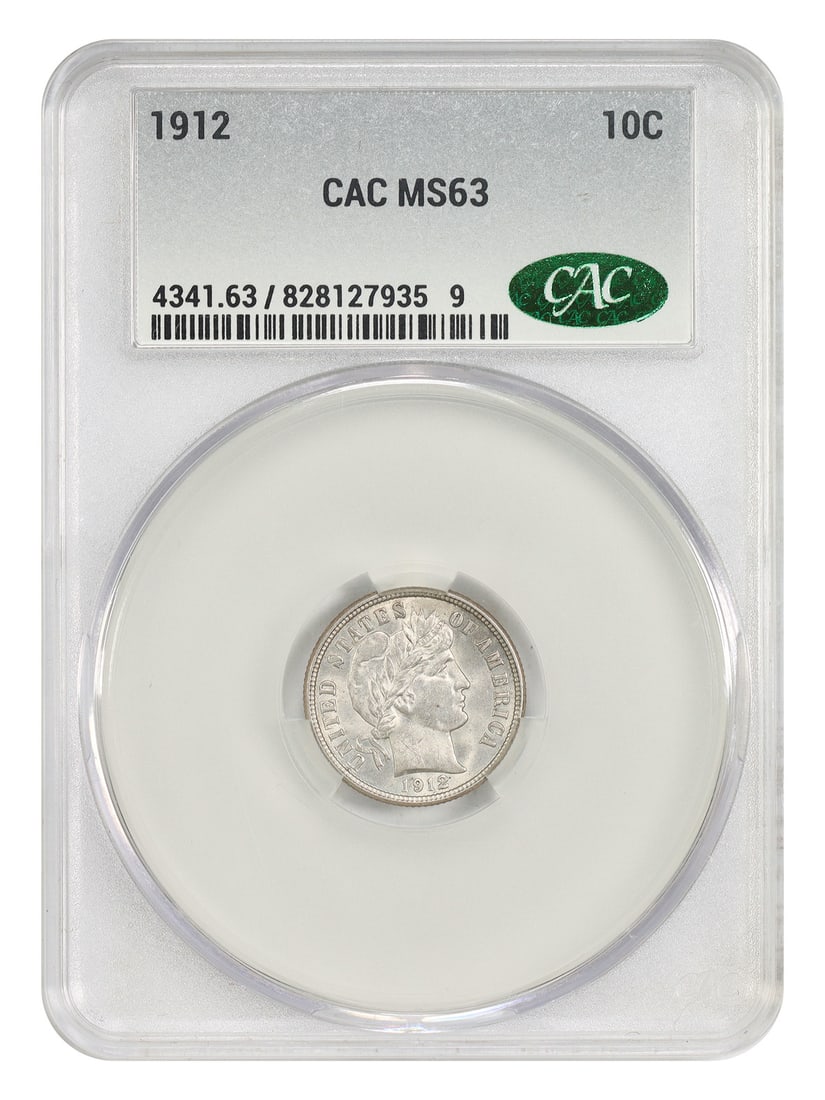 1912 Barber Dime 10C Uncirculated MS63 CACG Certified: 1912 Barber Dime 10C Uncirculated MS63 CACG Certified This 1912 Barber Dime is certified by CACG with a grade of MS63, indicating it is in uncirculated condition. Minted in Philadelphia, this coin bel