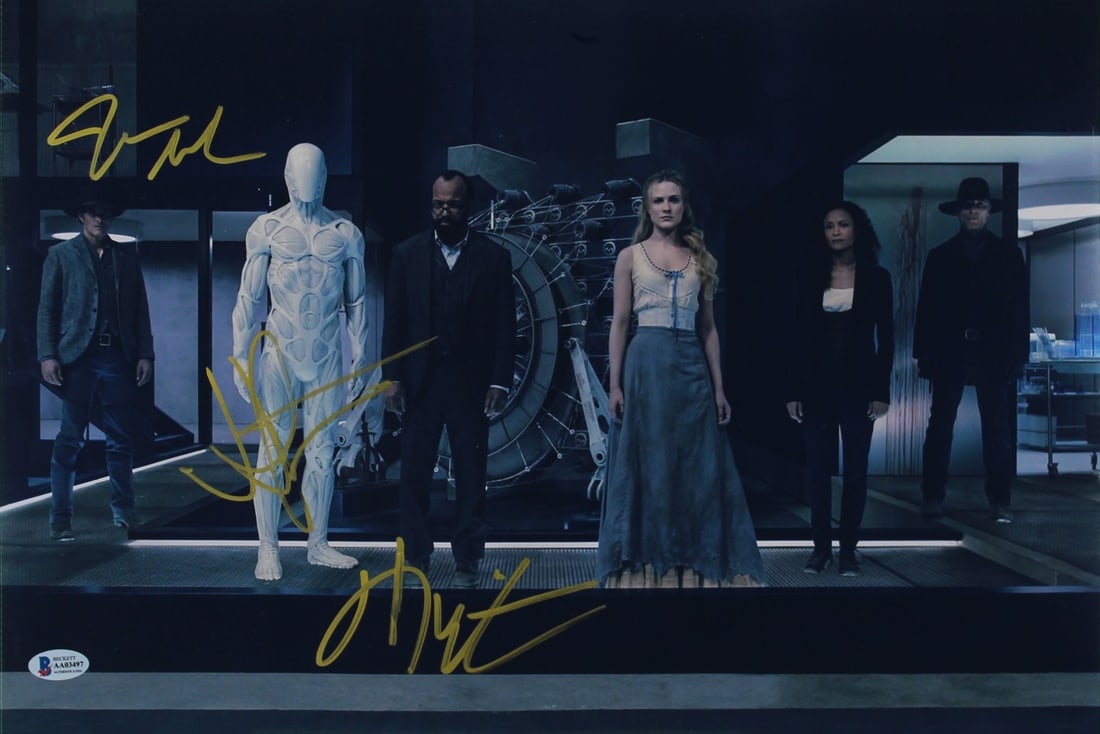 Westworld Signed 12x18 Photo by Abrams Wright Marsden Beckett COA: Westworld Signed 12x18 Photo by Abrams Wright Marsden Beckett COA This captivating 12x18 photograph features the authentic signatures of J.J. Abrams, Jeffrey Wright, and James Marsden, all prominent f