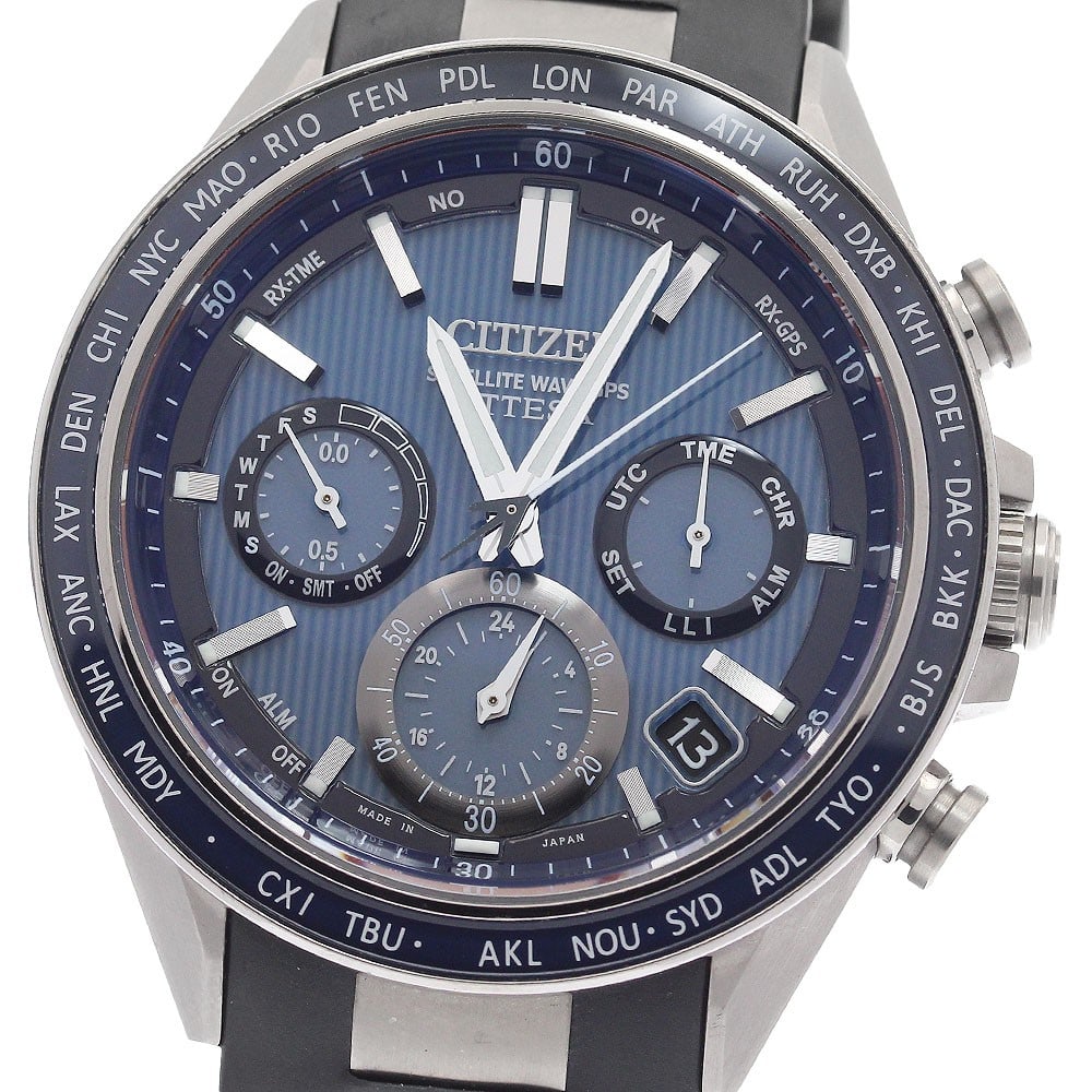 Citizen Attesa ACT Line titanium solar chronograph watch: Citizen Attesa ACT Line titanium solar chronograph watch This pre-owned CITIZEN Attesa ACT Line men's wristwatch features a titanium case paired with a navy dial and a rubber strap. The watch is power