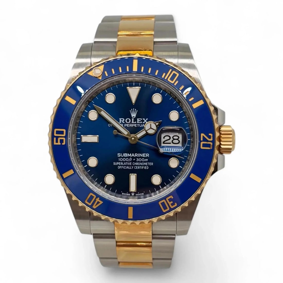 Rolex Submariner 41mm Blue Dial Two-Tone Steel and Gold Automatic Watch 126613LB: Rolex Submariner 41mm Blue Dial Two-Tone Steel and Gold Automatic Watch 126613LB This Rolex Submariner wristwatch features a 41mm polished stainless steel case with a blue ceramic unidirectional rotat