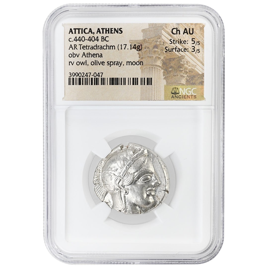 NGC Certified Attica Athens Silver Tetradrachm Ancient Greek Coin CH AU: NGC Certified Attica Athens Silver Tetradrachm Ancient Greek Coin CH AU This rare Attica Athens Tetradrachm is an ancient Greek coin composed of silver. It is certified by NGC as Choice About Uncircul