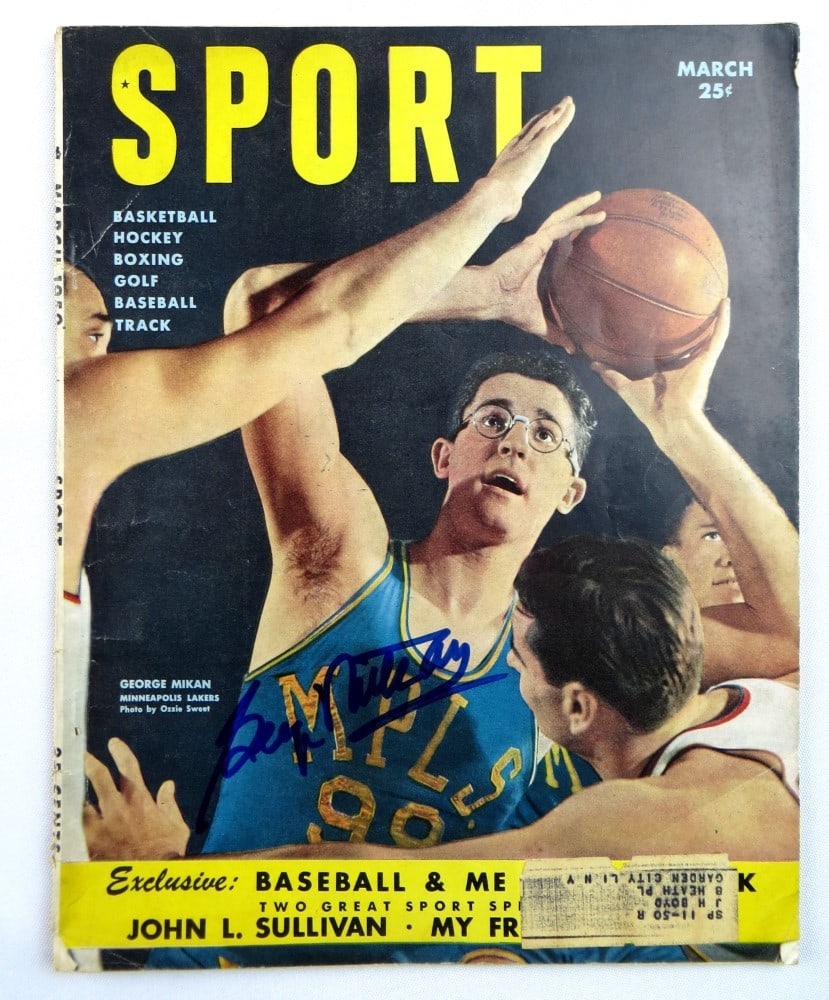 George Mikan Autographed March 1950 Magazine Lakers JSA Certified: George Mikan Autographed March 1950 Magazine Lakers JSA Certified This is an original autographed magazine featuring George Mikan, a legendary player of the Minneapolis Lakers. Authenticated by James 