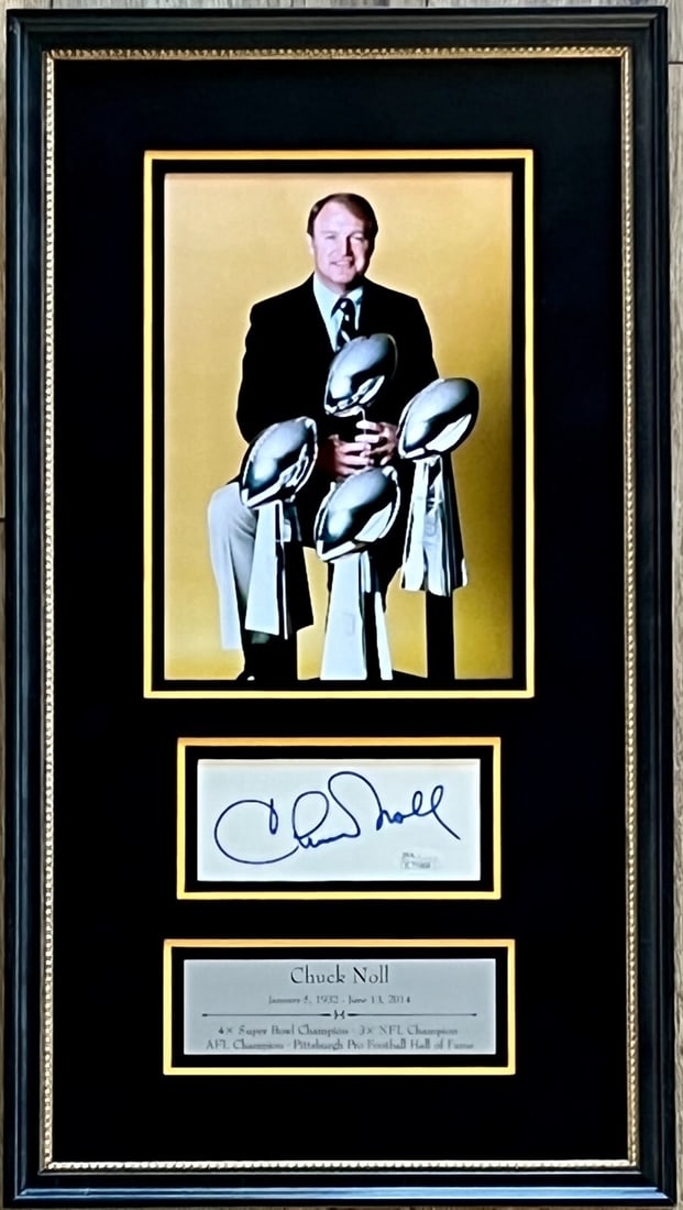 Chuck Noll Signed Display Framed Pittsburgh Steelers JSA Authenticated: Chuck Noll Signed Display Framed Pittsburgh Steelers JSA Authenticated This professionally framed display features the autograph of Chuck Noll, the legendary coach of the Pittsburgh Steelers, who led 