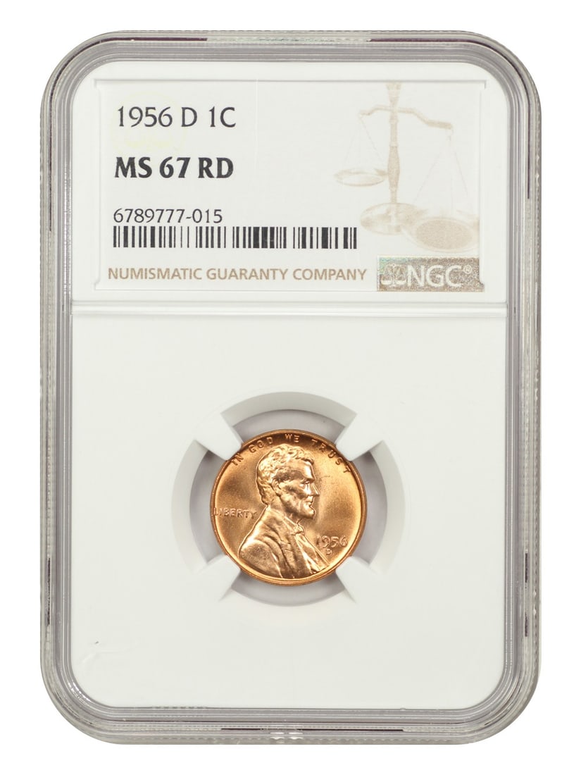 NGC MS67RD 1956-D Lincoln Wheat Cent: NGC MS67RD 1956-D Lincoln Wheat Cent This is a 1956-D Lincoln Cent (Wheat Reverse) graded MS67RD by NGC. The coin is uncirculated and features a red designation, indicating its original mint luster. I