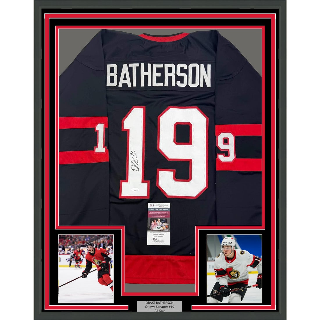 Framed Autographed Drake Batherson Ottawa Senators Jersey with JSA COA (1 of 2)